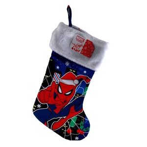 Marvel Spider-Man Christmas Stocking Blue Red Santa Hat Plush Cuff 15 Inch NWT